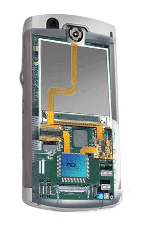 Inside of a mobile phone showing MIPI connections between the application processor and camera and display subsystems. Connections made using a D-PHY or M-PHY.